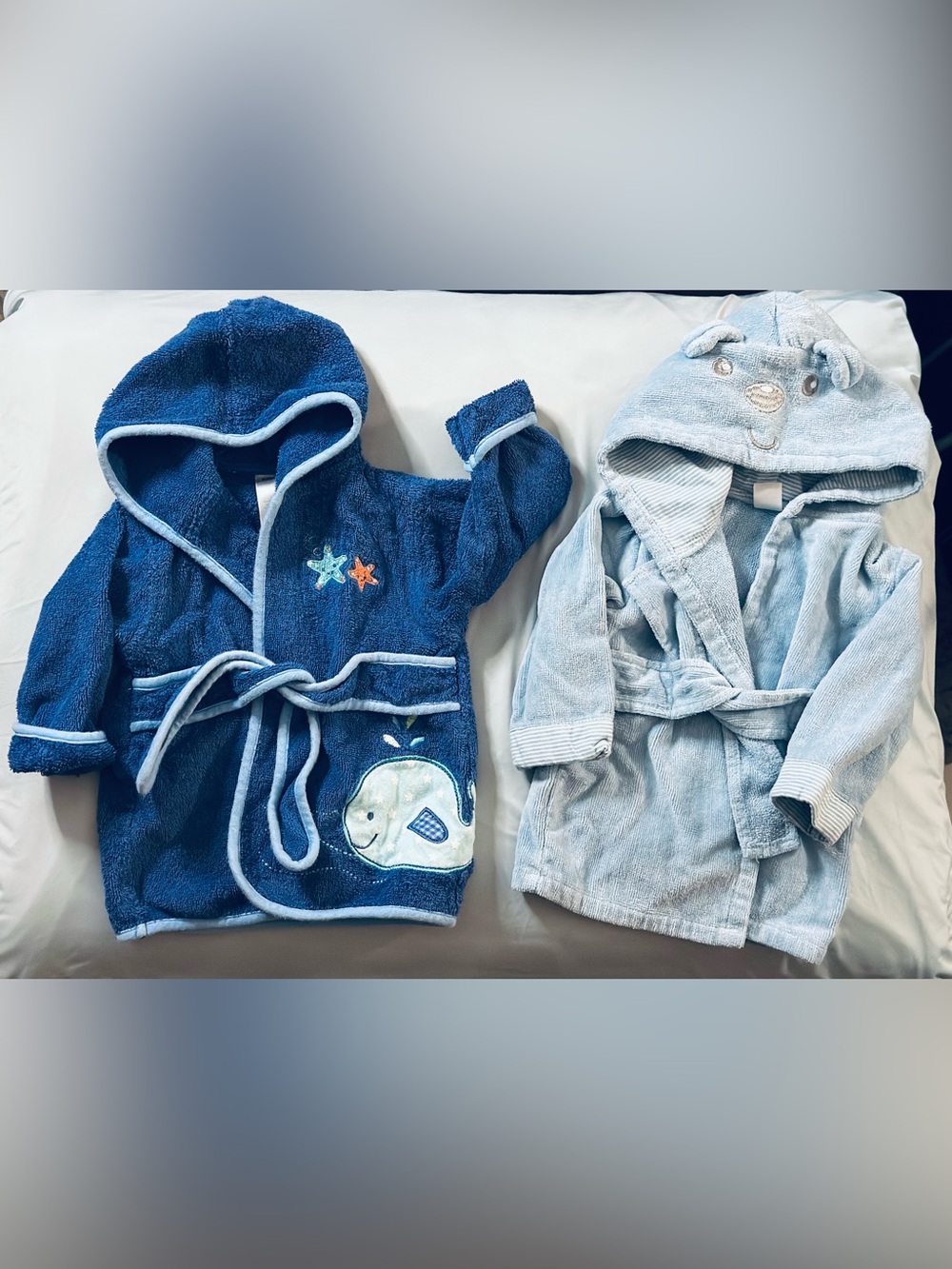 Bundle 2 Navy & Light Blue Hooded Baby Bathrobe Towels with Whale & Dog Details